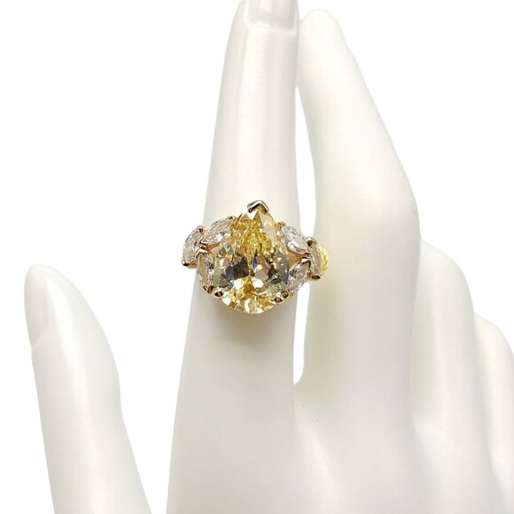 UNCAS Gold Vermeil Over Sterling Pear Cut Canary Yellow Rhinestone Ring Size 7 - Picture 1 of 6